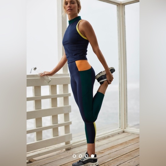 Sweaty Betty Power Block High Waist 7/8 Leggings Navy Blue Neon Yellow size 14 - Picture 2 of 12